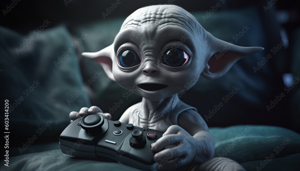 Baby Alien playing games. Baby alien gammer surprised. Creature holding a joystick. Surprise me. Winning a game match. Child gaming. Baby Alien playing games. Baby alien gammer surprised. Creature holding a joystick. Surprise me. Winning a game match. Child gaming.