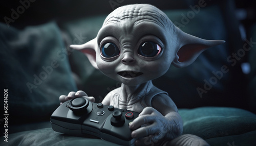 Baby Alien gammer playing games. Baby alien gammer surprised. Creature holding a joystick. Surprise me. Winning a game match. Child gaming.