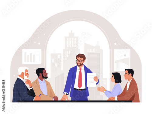 Board of Directors. Vector cartoon illustration in a flat style of a group of diverse people sitting and discussing in an office at a table headed by a manager. Isolated on background with a window