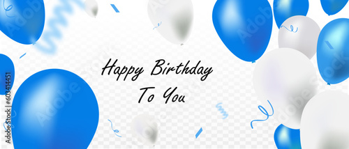 Happy Bidthday, Celebration banner with confetti and balloons. Vector illustration