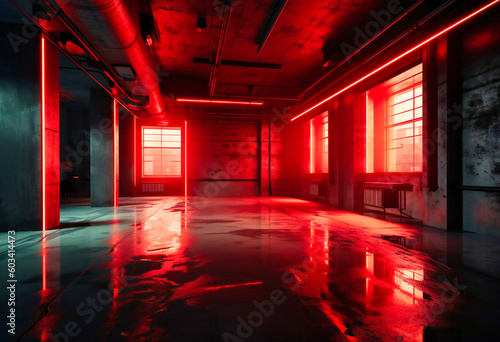 a scene with red lighting and concrete floors