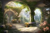 illustration, garden with arches with flowers, generative ai