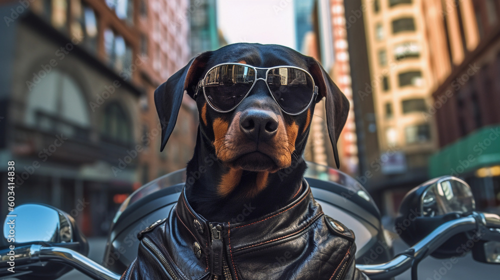 AI badass dog as a biker in New York city riding his bike and look at the camera - obrazy, fototapety, plakaty 