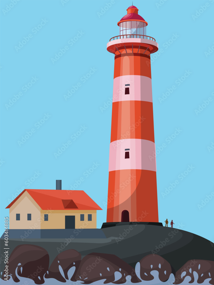Lighthouse On Rock Stones, High lighthouse building on rocky shore icon. Coastal lighthouse lantern building,