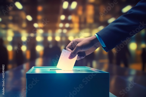 closeup hand put the card vote in the ballot box.direction  feedback or democracy system concepts.generative ai technology