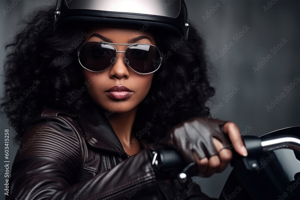 African american biker girl in a black leather jacket, sunglasses on a motorcycle. Generative AI. African american biker girl in a black leather jacket, sunglasses on a motorcycle. Generative AI.