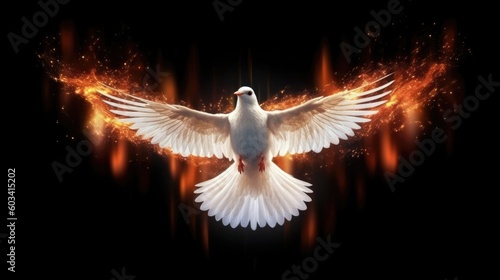 A fiery white dove on dark background symbolizes peace & spirituality. (Generative AI)