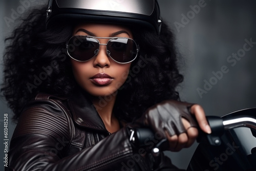 Fotótapéta African american biker girl in a black leather jacket, sunglasses on a motorcycle