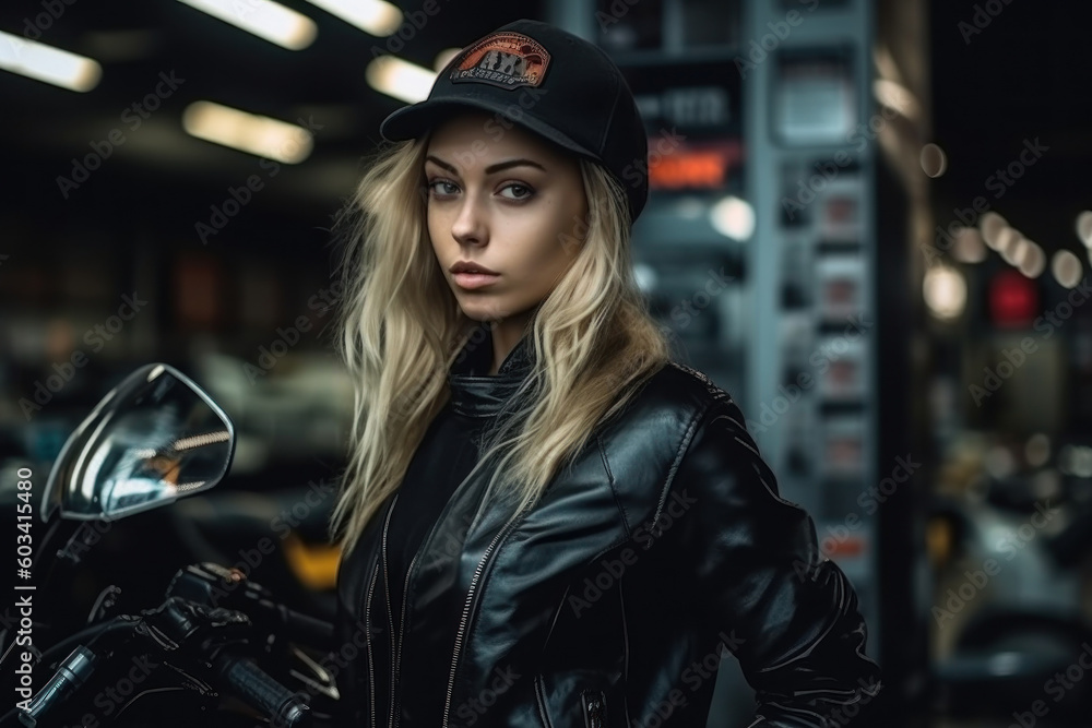 Biker girl in a leather jacket on a motorcycle. Generative AI. Biker girl in a leather jacket on a motorcycle. Generative AI.