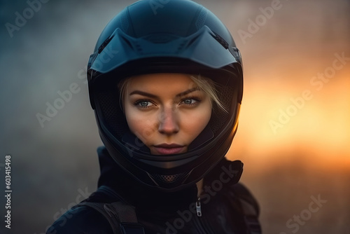 Biker girl in a helmet on a motorcycle. Generative AI. © AS Photo Family