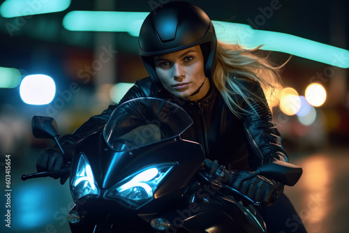 Biker girl in a leather jacket on a motorcycle. Generative AI. © AS Photo Family