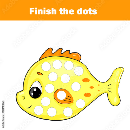 Educational children's game. Color the dot for kids and toddlers. Animal theme, cartoon fish. Motor skills worksheet for preschoolers