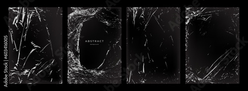 Set of polyethylene texture. Torn effect. Transparent stretched cling film. Overlay grunge texture. Collection of vector background. Crumpled warp plastic. Defect, scuff template. Wrinkled packaging