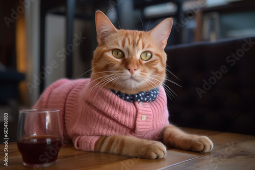 Ginger kitten in pink knitted sweater in cafe. Generative AI