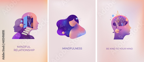 Psychology, Dream, Mental Health concept collection of illustrations. Brain, neuroscience and creative mind poster, cover