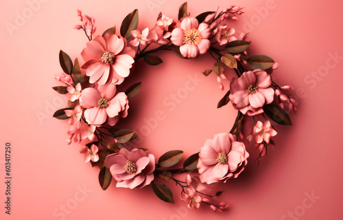 pink flowers in the shape of a wreath on a pink background