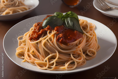 date in restaurant, spaghetti with tomato sauce and meat, tasty dinner, delicious meal in restaurant, spaghetti and basil by generative ai