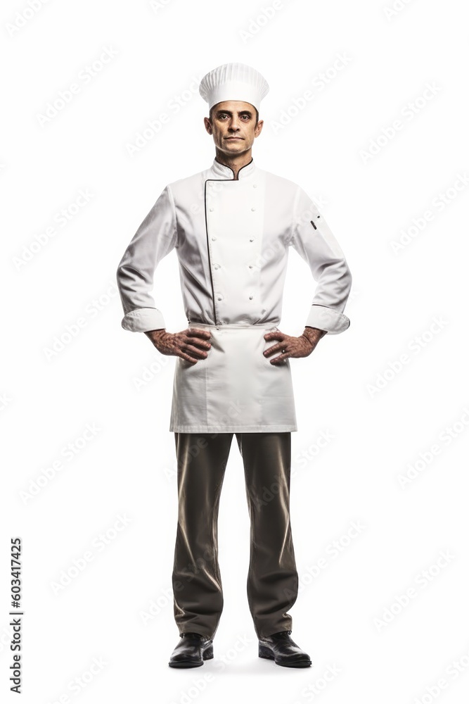 Illustration of a confident chef standing with arms crossed in his uniform on a white background. created with Generative AI technology Illustration of a confident chef standing with arms crossed in his uniform on a white background. created with Generative AI technology