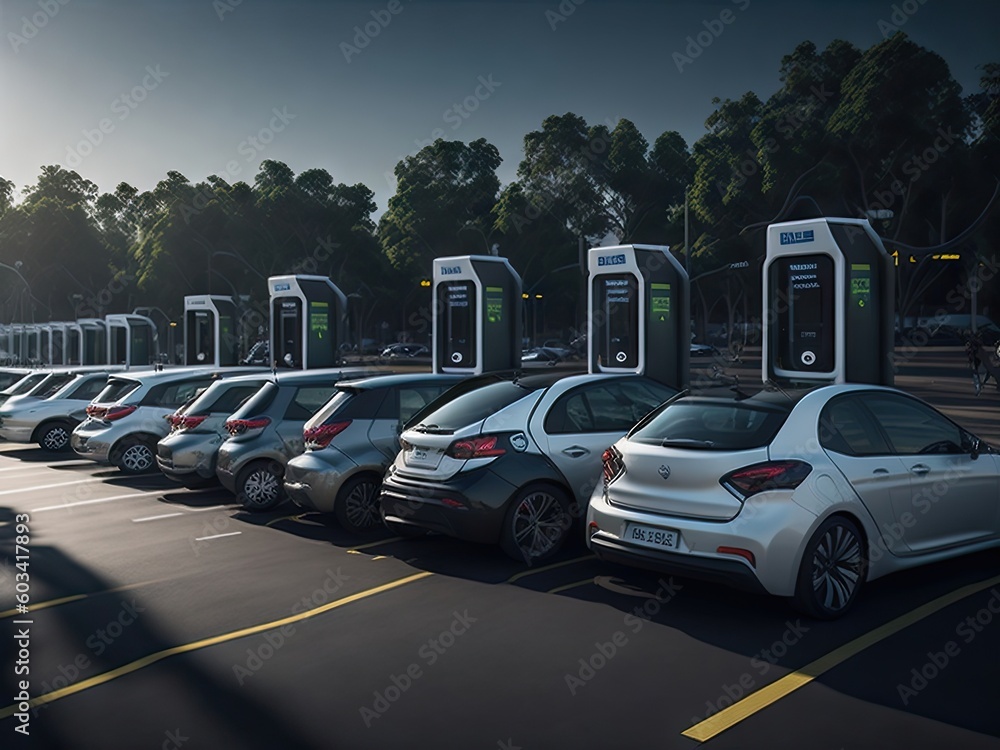 A line of electric cars charging at a public station. ai generative