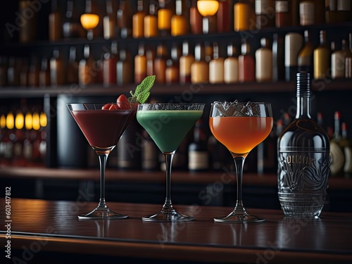 Variety of classic Cocktails on bar counter. ai generative