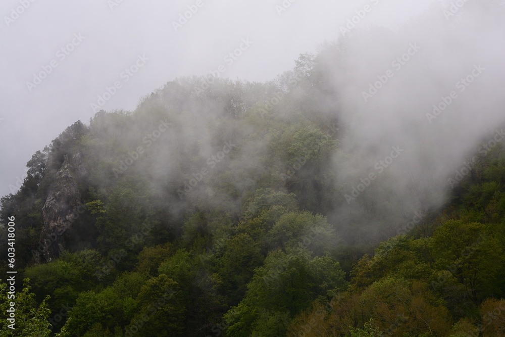 PAESAGGIO MONTANO CON NEBBIA,GIFFONI VALLE PIANA,SUD ITALIA,15 MAGGIO 2023.