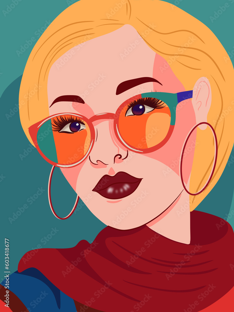 Drawing of a colored girl with glasses on a bright background