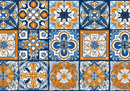 typical colorful sicilian floor and wall tiles in different patterns and design in blue, yellow and white color, pattern with mosaic photo