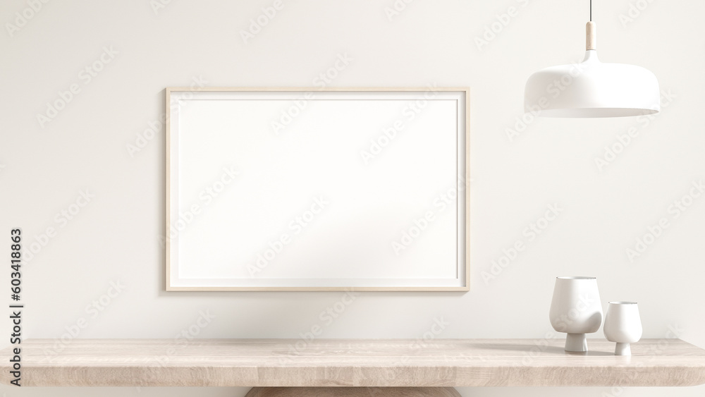 Blank wooden poster frame mockup. placed on a wooden cabinet furniture. Vases, and lamp. White room background, cream, and natural light from the window. 3D render Blank wooden poster frame mockup. placed on a wooden cabinet furniture. Vases, and lamp. White room background, cream, and natural light from the window. 3D render
