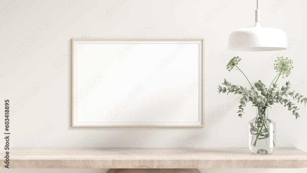 Blank wooden poster frame mockup. placed on a wooden cabinet furniture. Flowers in glass vases, and lamp. White room background, cream, and natural light from the window. 3D render Blank wooden poster frame mockup. placed on a wooden cabinet furniture. Flowers in glass vases, and lamp. White room background, cream, and natural light from the window. 3D render