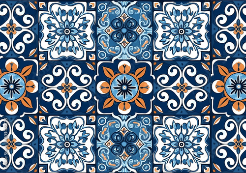 typical colorful sicilian floor and wall tiles in different patterns and designs mainly in blue  and white color 