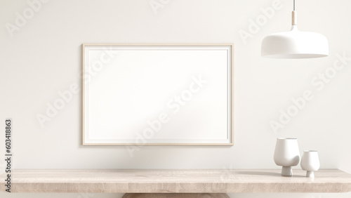 Blank wooden poster frame mockup. placed on a wooden cabinet furniture. Vases, and lamp. White room background, cream, and natural light from the window. 3D render © DJSPIDA FOTO