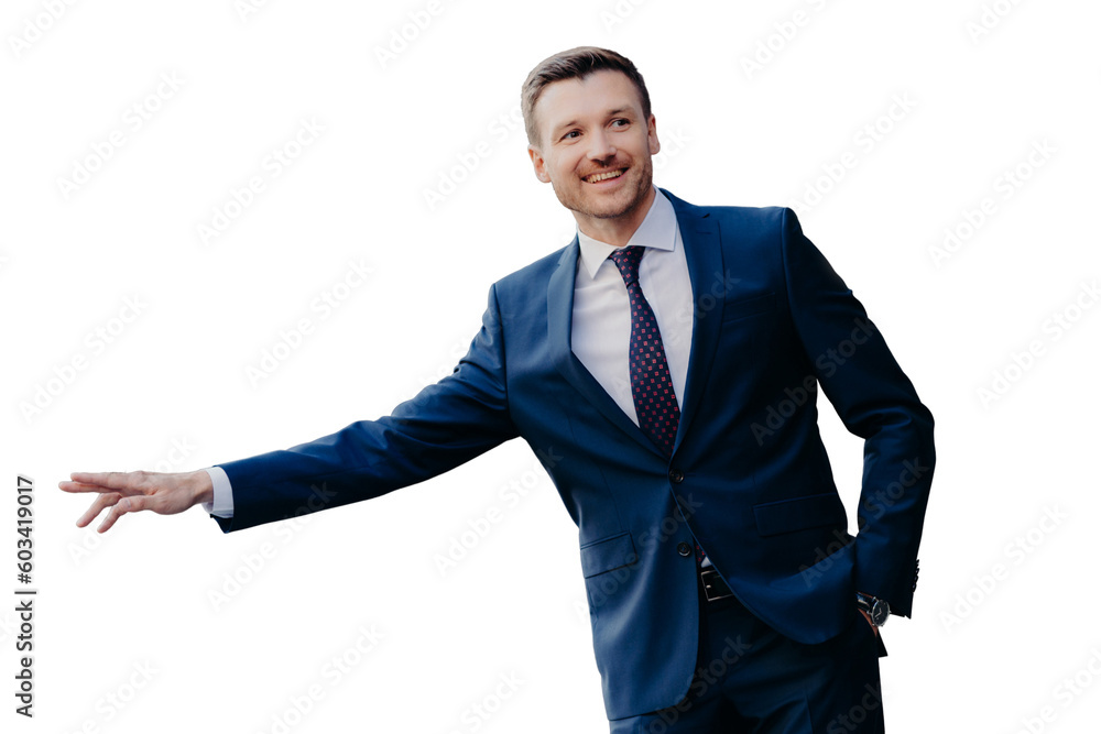 Glad satisfied unshaven businessman in formal clothing, makes stop gesture while stands near restaurant outdoor, has gentle smile on face, confident in his success. People and lifestyle concept Glad satisfied unshaven businessman in formal clothing, makes stop gesture while stands near restaurant outdoor, has gentle smile on face, confident in his success. People and lifestyle concept