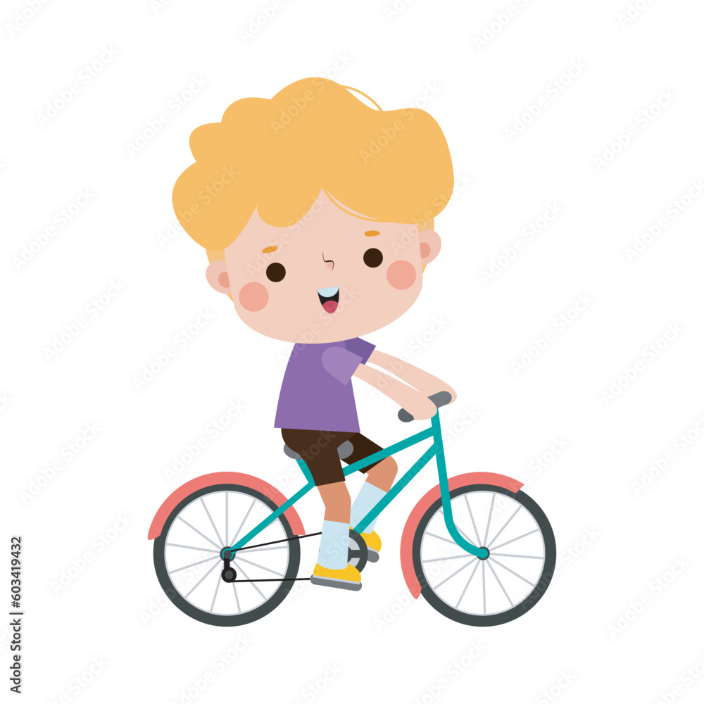 Happy kids riding bikes, cute boy on bicycle, Sports concept, child biking isolated on a white background Vector illustration Happy kids riding bikes, cute boy on bicycle, Sports concept, child biking isolated on a white background Vector illustration