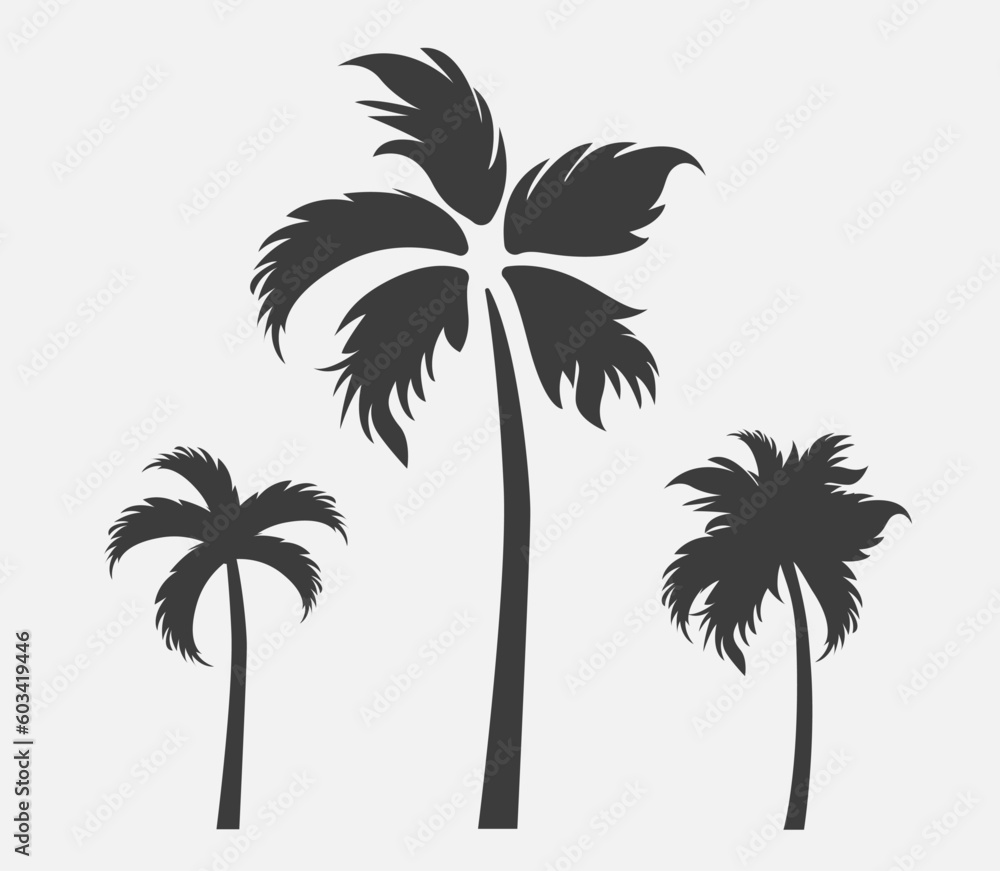 Set of palm trees silhouettes. Vector illustrations Isolated palm trees. Black silhouettes of palm trees. Flat style.