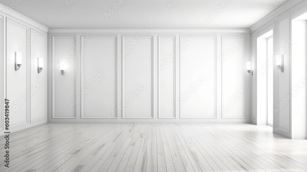 Obraz premium Beautiful lighting from white texted wall and light floor. (Generative AI)