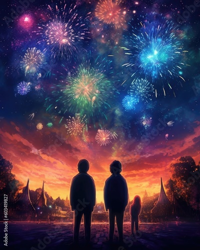 Three people appear to face each other while watching fireworks. (Generative AI) © HandmadePictures