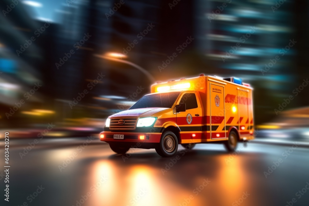 A shot of an ambulance rushing to an emergency scene, showcasing the importance and urgency of emergency services. Generative AI A shot of an ambulance rushing to an emergency scene, showcasing the importance and urgency of emergency services. Generative AI