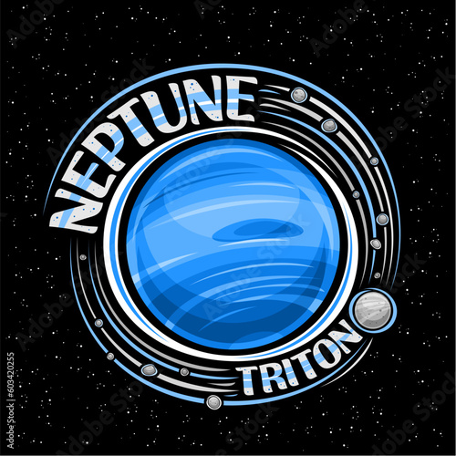 Vector logo for Neptune, decorative fantasy print with rotating planet neptune and many moons, gas windy surface, cosmo sign with unique lettering for text neptune and triton on dark starry background