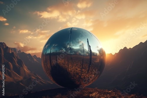 Mysterious chrome sphere flying over earth surface. Retro style sci-fi landscape with mountains and sundown. Reflecting ball surface with copy space. Generative AI