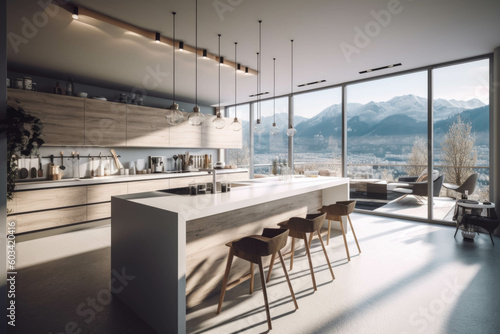 modern cozy bright kitchen with large panoramic windows overlooking the Alps. Generative AI