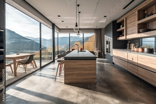 modern cozy bright kitchen with large panoramic windows overlooking the Alps. Generative AI © Ivy