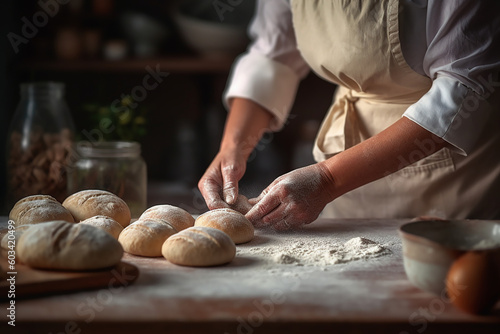A Woman kneading dough to make bread in her home 