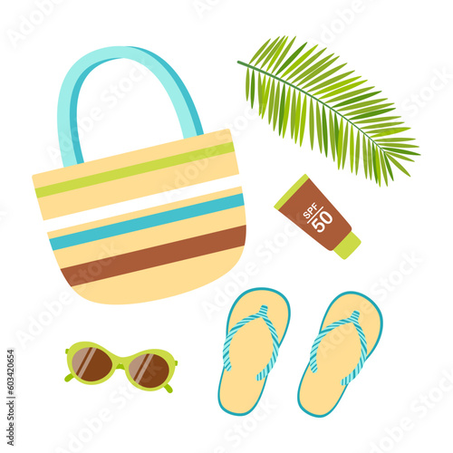 colored flat vector illustration with beach bag