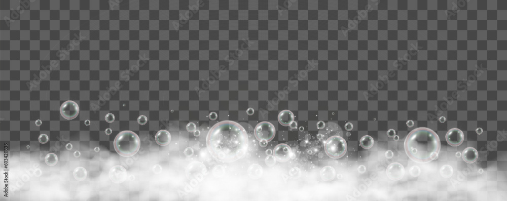 Air bubbles on a transparent background. Soap foam vector illustration.
Air bubbles on a transparent background. Soap foam vector illustration.