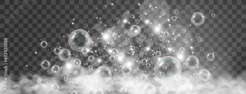 Air bubbles on a transparent background. Soap foam vector illustration.

