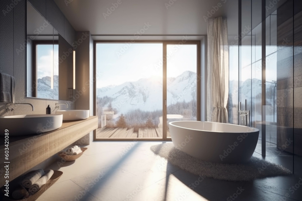 Fototapeta premium A beautifully designed bathroom with ample natural light and stunning vistas of the Alps. Generative AI