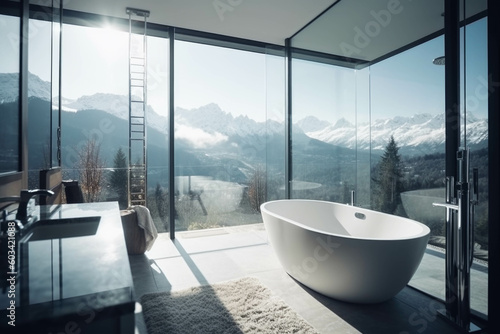 A beautifully designed bathroom with ample natural light and stunning vistas of the Alps. Generative AI © Ivy