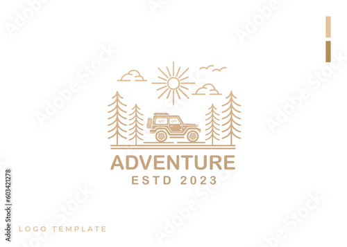 Offroad car adventure line art in minimalistic design