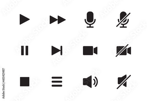 Audio, video, music player button icon. Sound control, play, pause button solid icon set. Camera, media control, microphone interface pictogram. Vector illustration.