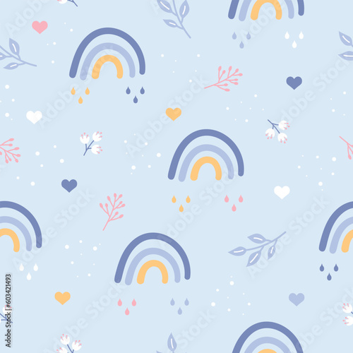 Childish seamless vector pattern with cute rainbow and  plant elements. Vector childish illustration background for fabric, textile.